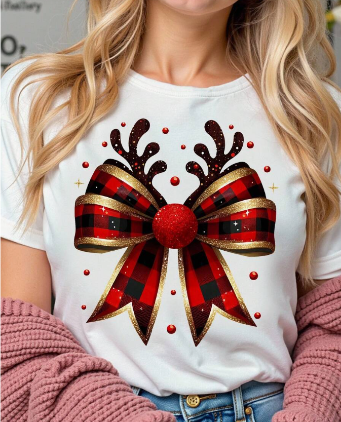 Buffalo Plaid Bow Christmas T-Shirt – Festive Holiday Graphic Tee for Women