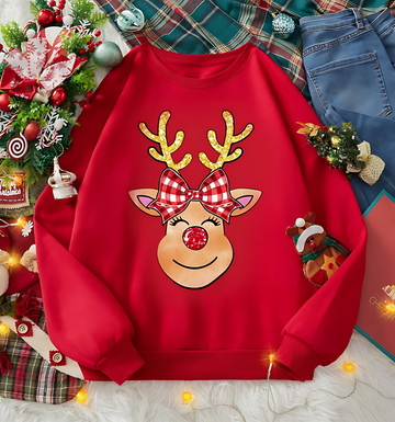 Cute Reindeer Face Christmas Sweatshirt – Festive Holiday Pullover for Women and Men