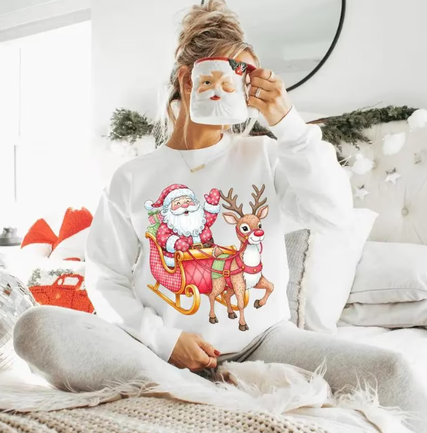 Santa and Reindeer Christmas Sweatshirt – Festive Holiday Pullover for Women and Men