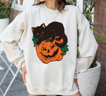 Black Cat Pumpkin Halloween Sweatshirt – Cozy Fall Pullover for Women and Men