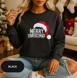 Black Merry Christmas Sweatshirt – Festive Santa Hat Pullover for Family