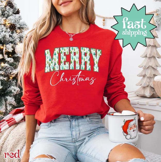 Red Merry Christmas Sweatshirt – Cozy Holiday Pullover for Women and Men
