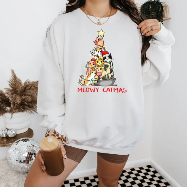 Meowy Catmas Sweatshirt – Funny Christmas Cat Pullover for Women and Men
