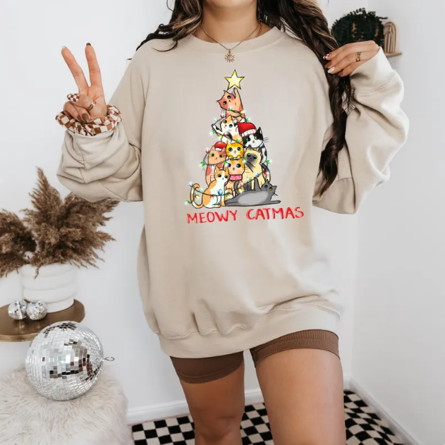 Meowy Catmas Sweatshirt – Funny Christmas Cat Pullover for Women and Men