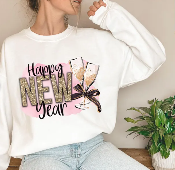 Happy New Year Glitter Champagne Sweatshirt – Festive Sparkle Pullover for Women and Men