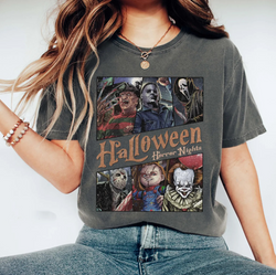Halloween Horror Nights Villains Graphic Tee – Scary Movie Characters T-Shirt for Women & Men