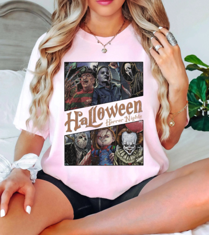 Halloween Horror Nights Villains Graphic Tee – Scary Movie Characters T-Shirt for Women & Men