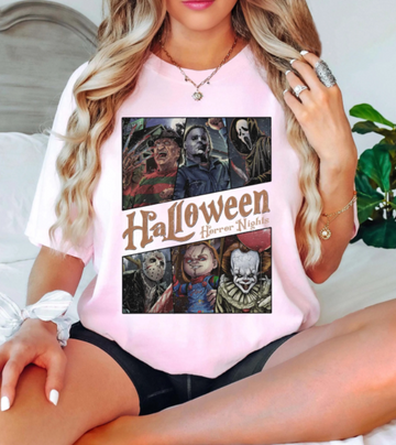 Halloween Horror Nights Villains Graphic Tee – Scary Movie Characters T-Shirt for Women & Men