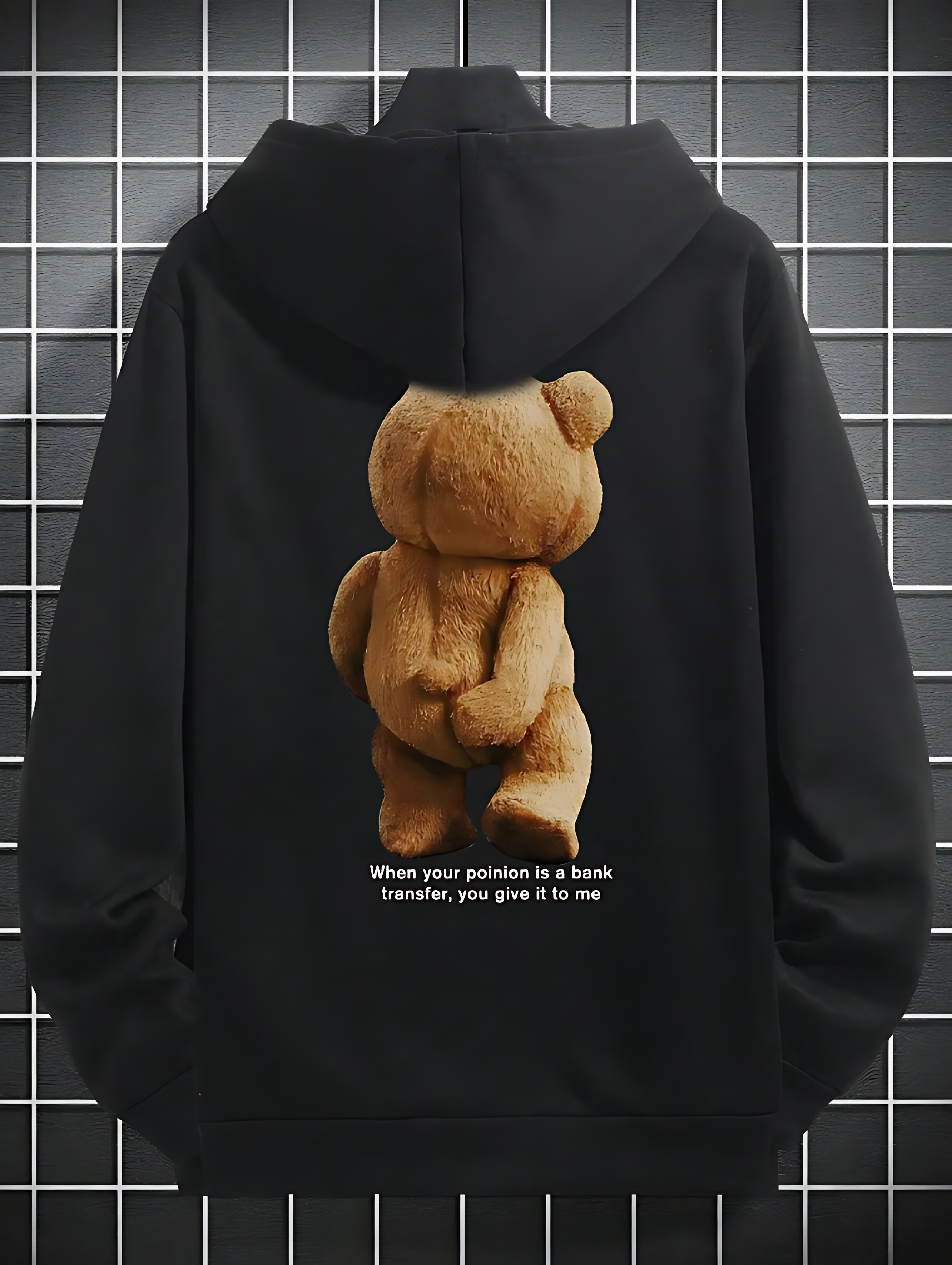 3D Teddy Bear Print Hoodie – Oversized Black Unisex Streetwear Hoodie