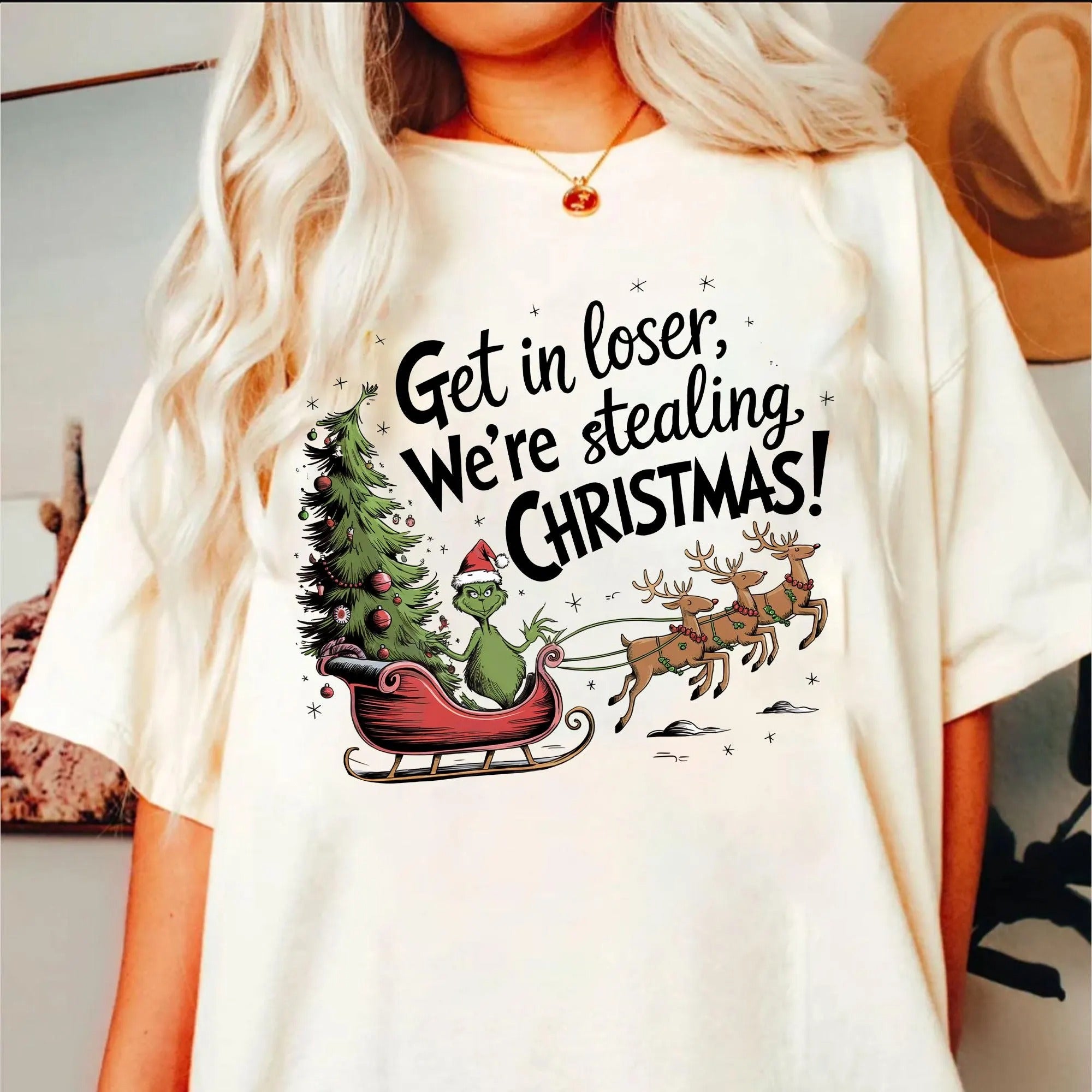 Get in Loser We’re Stealing Christmas T-Shirt – Funny Grinch Holiday Graphic Tee for Men & Women